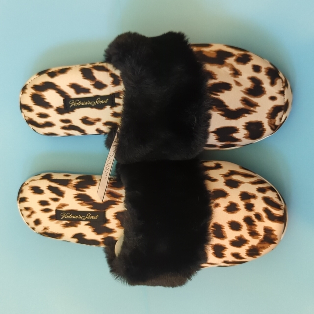 Victoria's Secret Satin Leopard Print Fur Slide Slippers New Small